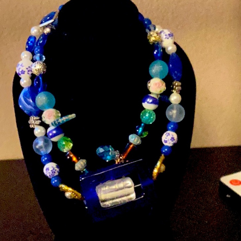 Handmade cobalt blue beaded necklace w blown glass cobalt blue pendant